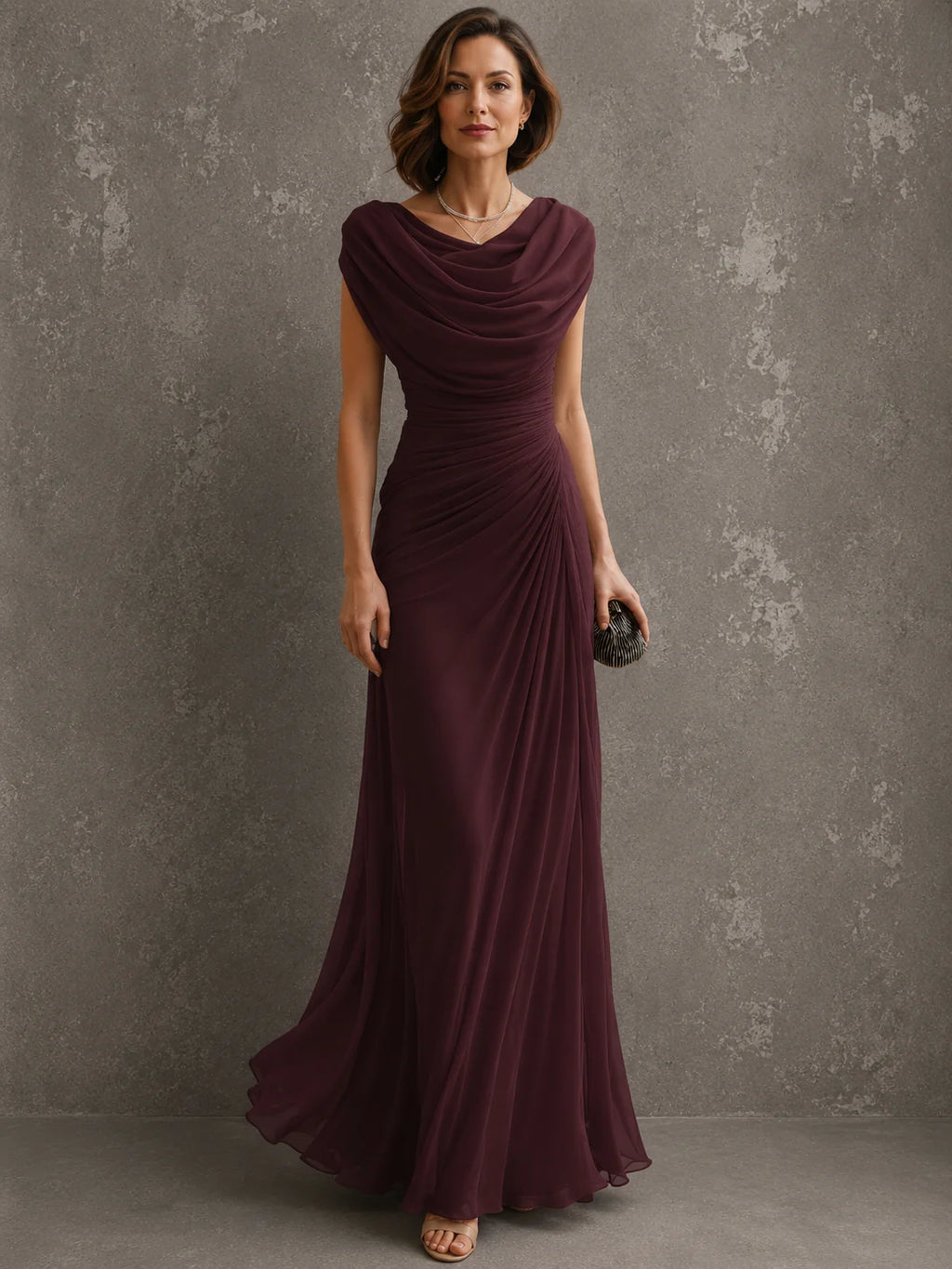 Maxi-Jurk Dames Bruiloftsgast met Waterval-Hals in Bordeaux, productfoto