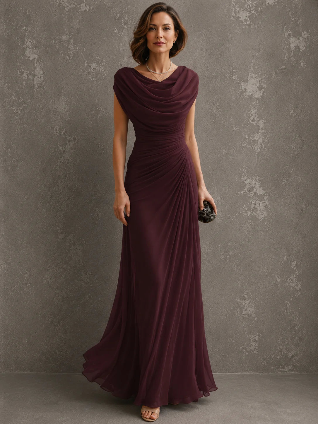 Maxi-Jurk Dames Bruiloftsgast met Waterval-Hals in Bordeaux, productfoto