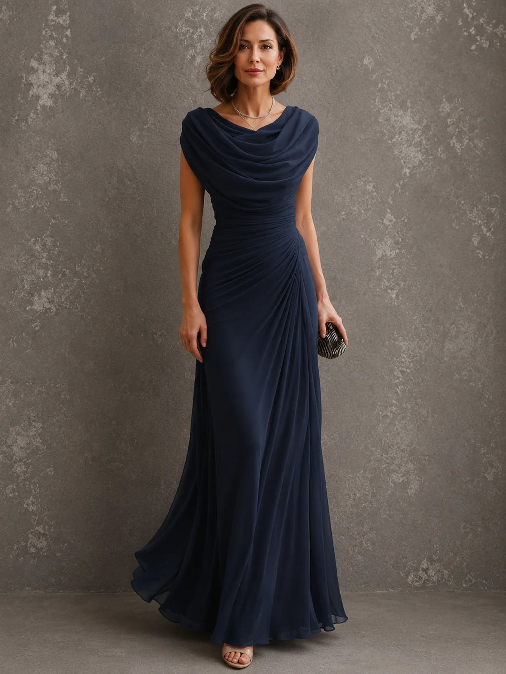 Maxi-Jurk Dames Bruiloftsgast met Waterval-Hals in Marineblauw, productfoto