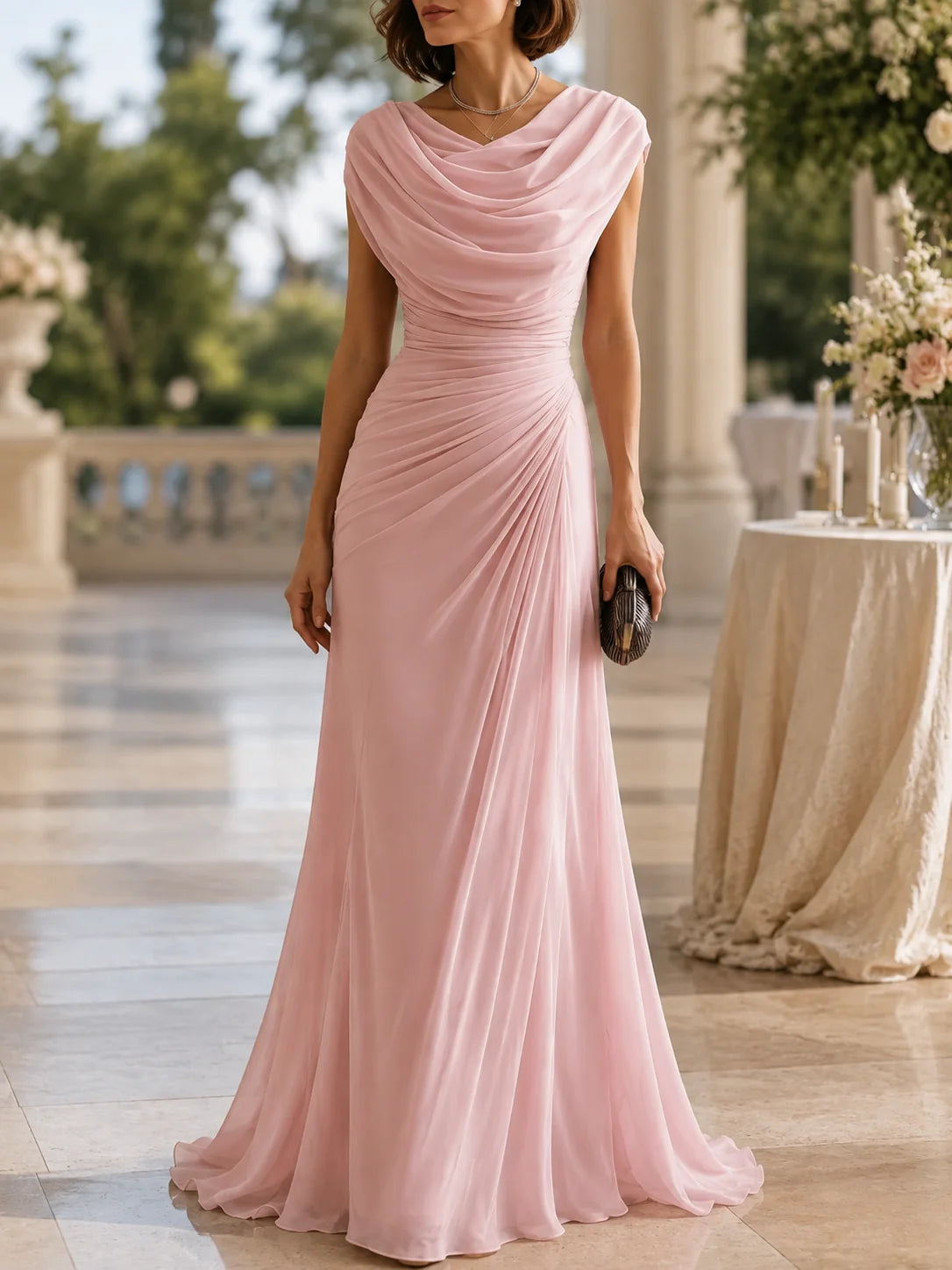 Maxi-Jurk Dames Bruiloftsgast met Waterval-Hals in Roze, gedragen door model, vooraanzicht