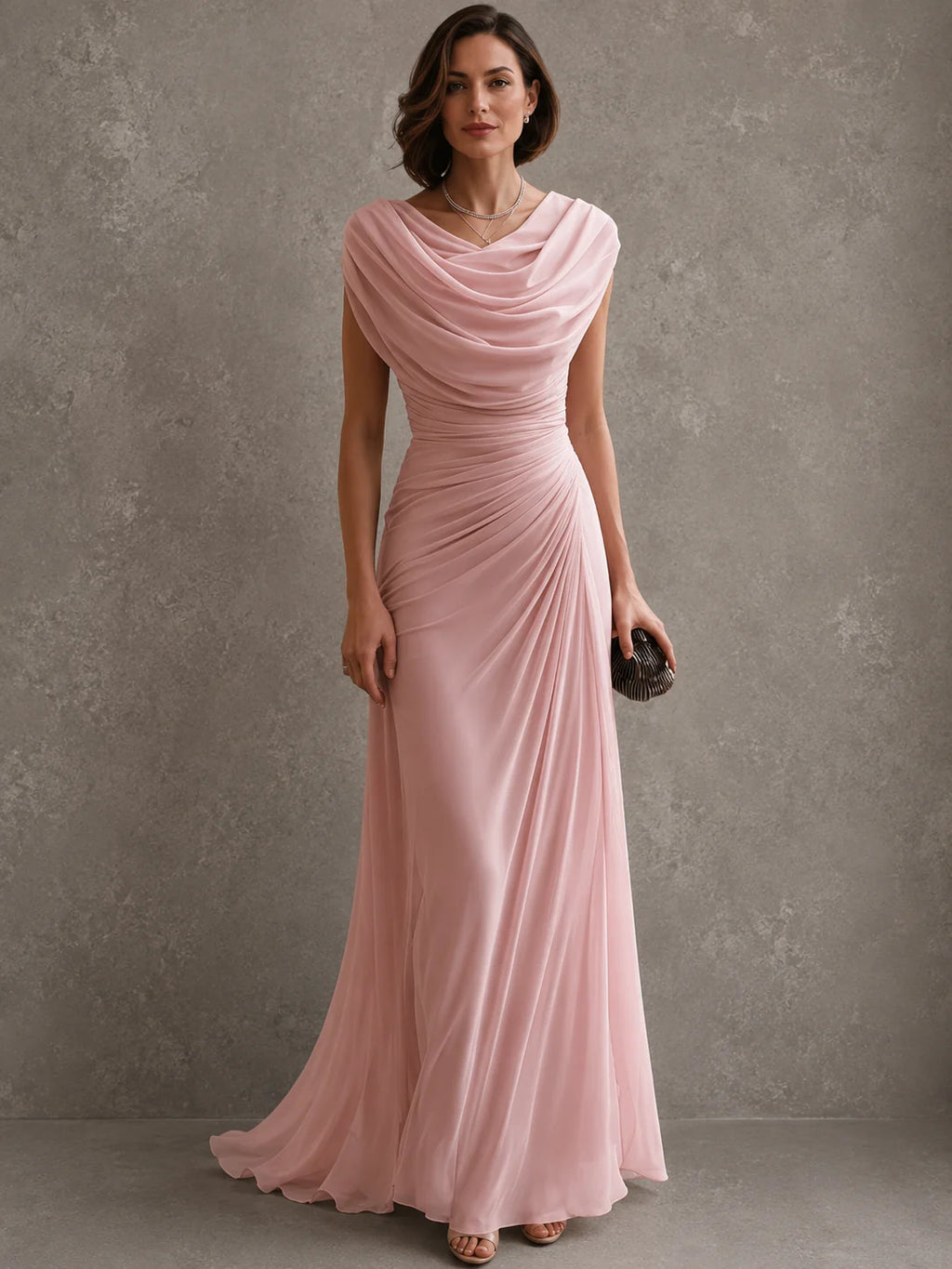 Maxi-Jurk Dames Bruiloftsgast met Waterval-Hals in Roze, productfoto