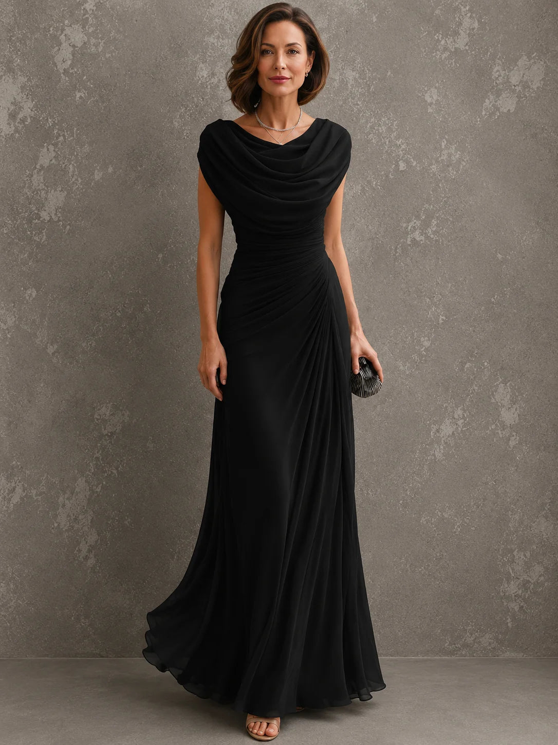 Maxi-Jurk Dames Bruiloftsgast met Waterval-Hals in Zwart, productfoto