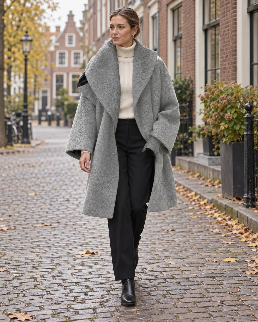 Oversized Jas Dames met Reverskraag in Grijs, gedragen door model, buiten
