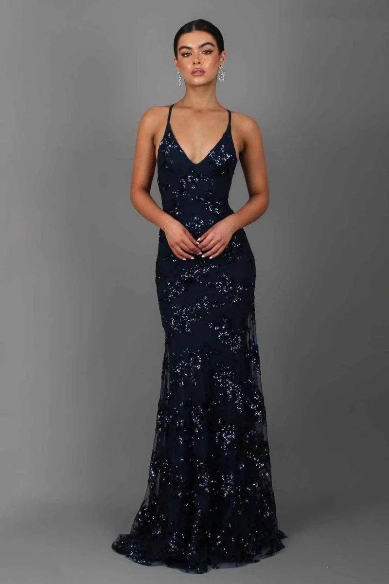 Pailletten Maxi-Jurk Dames met V-Hals in Blauw, productfoto