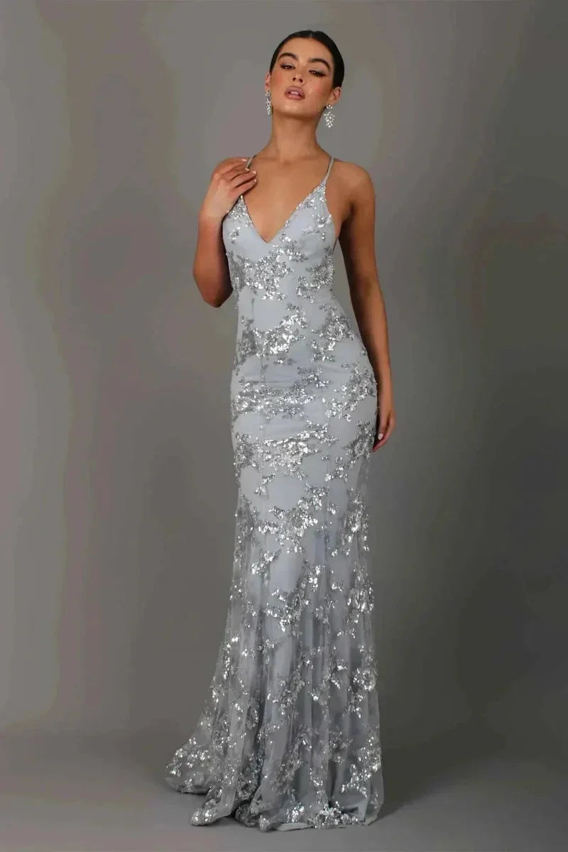 Pailletten Maxi-Jurk Dames met V-Hals in Grijs, productfoto