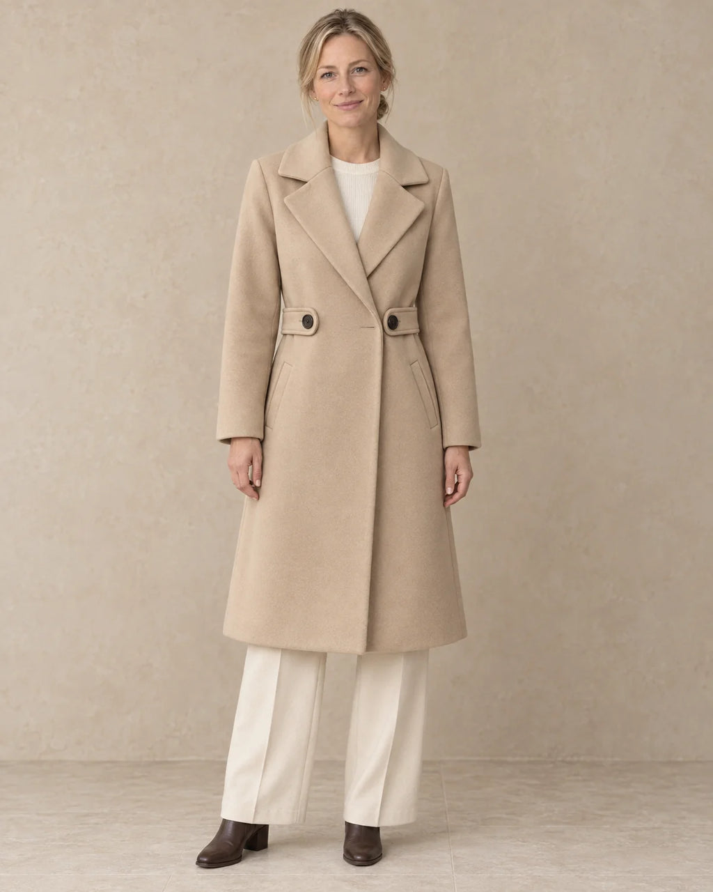 Getailleerde Jas Dames met Taillelus in Camel, gedragen door model, vooraanzicht