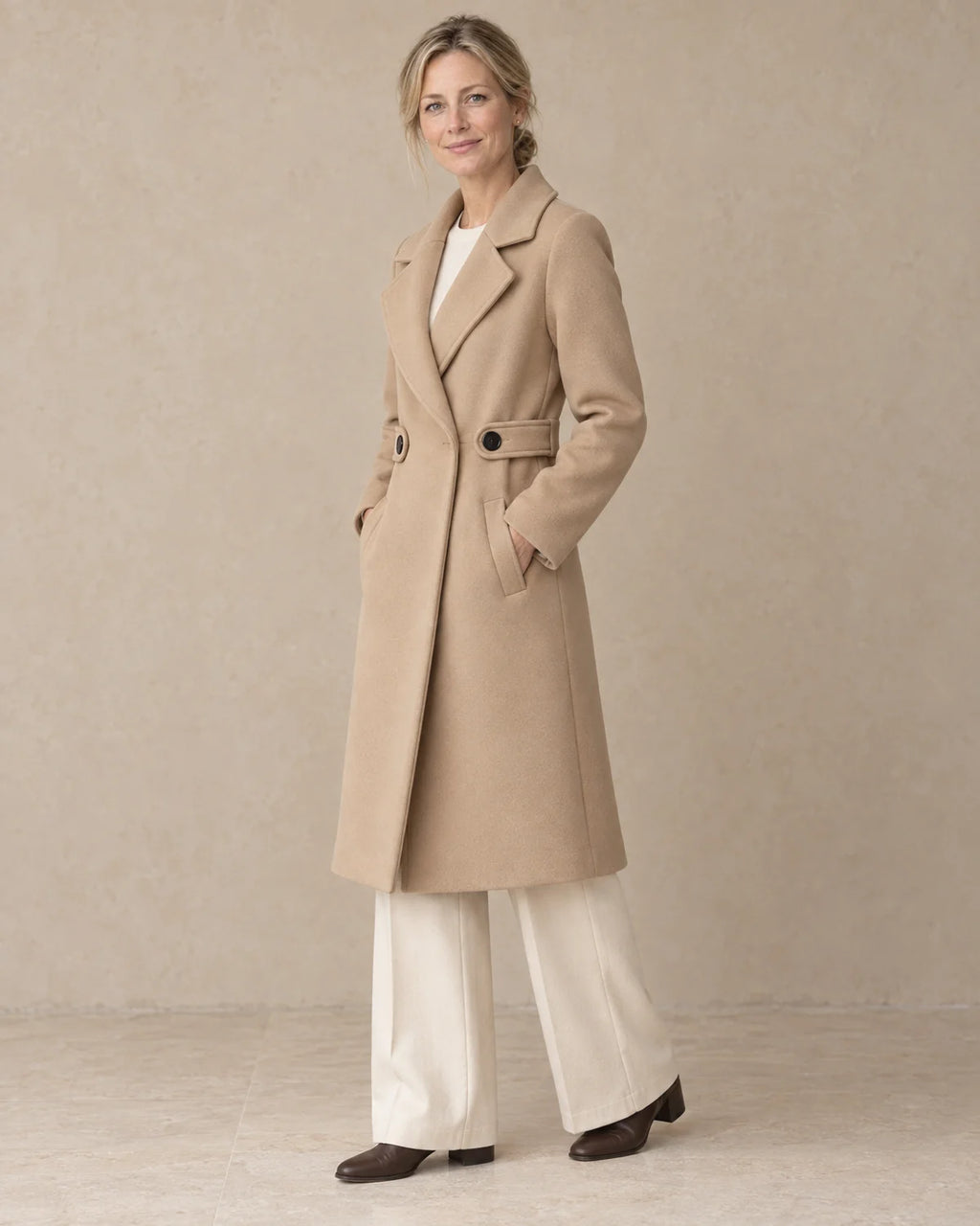 Getailleerde Jas Dames met Taillelus in Camel, gedragen door model, driekwart aanzicht