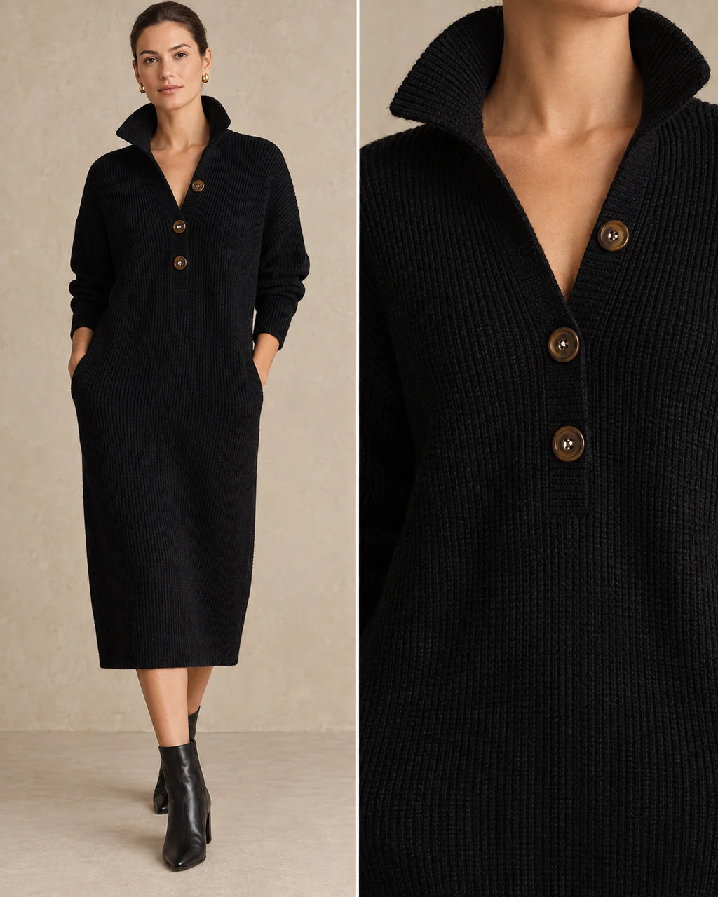 Gebreide Trui Jurk Dames Midi in Zwart, gedragen door model, detail