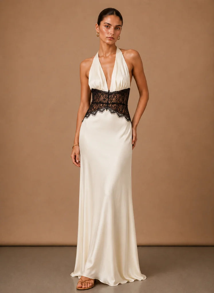 Satijnen Halter Maxi-Jurk Dames in Wit, productfoto