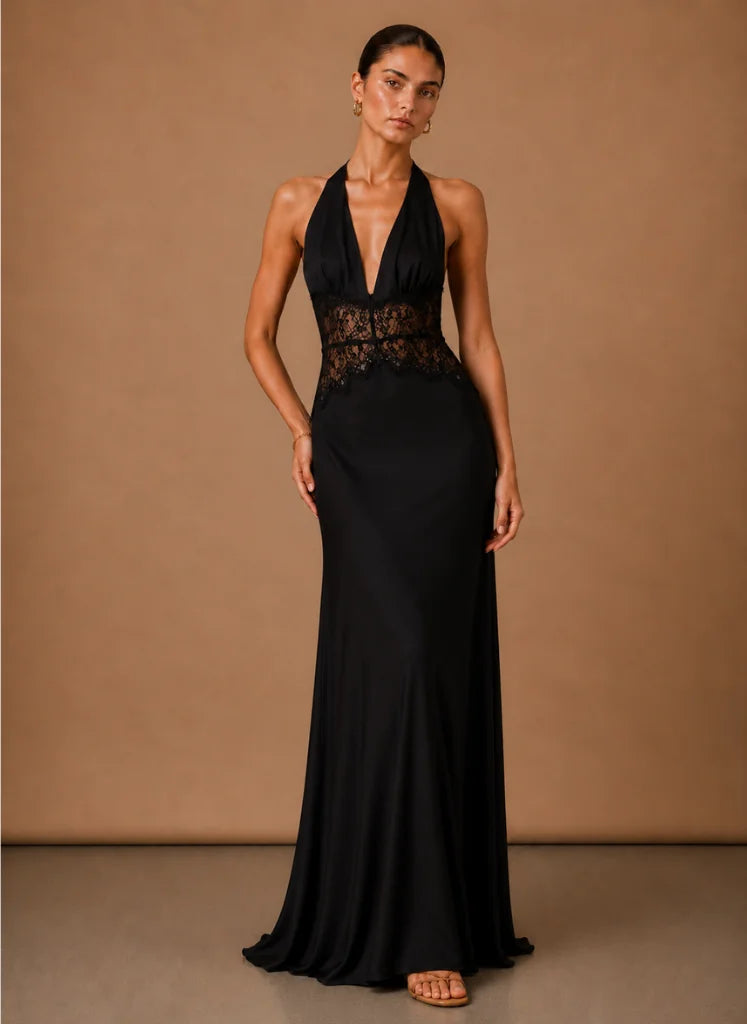 Satijnen Halter Maxi-Jurk Dames in Zwart, productfoto