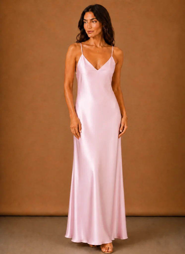 Satijnen Maxi-Jurk Dames met Waterval-Hals in Roze, productfoto