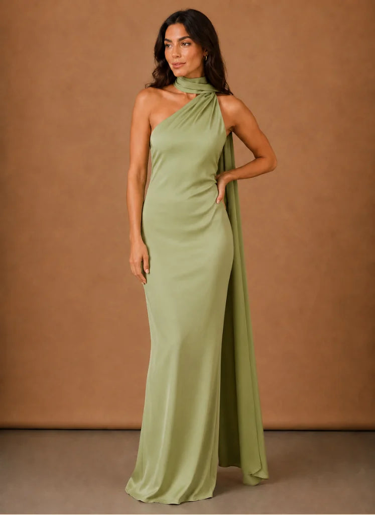 Satijnen One-Shoulder Maxi-Jurk Dames in Groen, productfoto