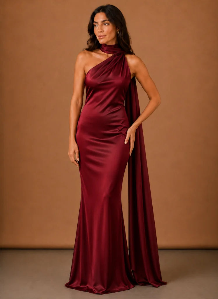 Satijnen One-Shoulder Maxi-Jurk Dames in Rood, productfoto
