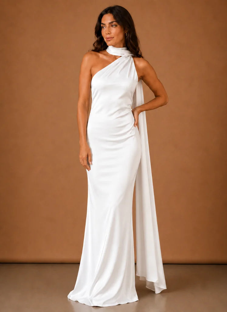 Satijnen One-Shoulder Maxi-Jurk Dames in Wit, productfoto