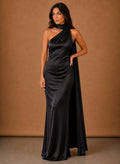 Satijnen One-Shoulder Maxi-Jurk Dames in Zwart, productfoto
