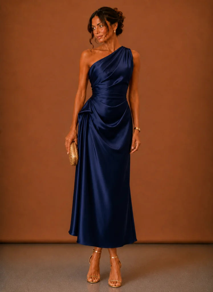 Satijnen One-Shoulder Midi-Jurk Dames in Donkerblauw, productfoto