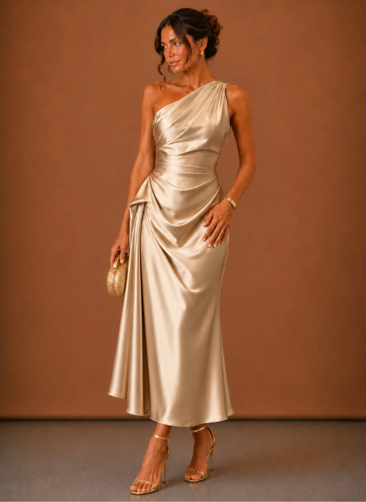 Satijnen One-Shoulder Midi-Jurk Dames in Goud, productfoto