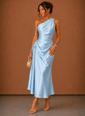 Satijnen One-Shoulder Midi-Jurk Dames in Lichtblauw, productfoto
