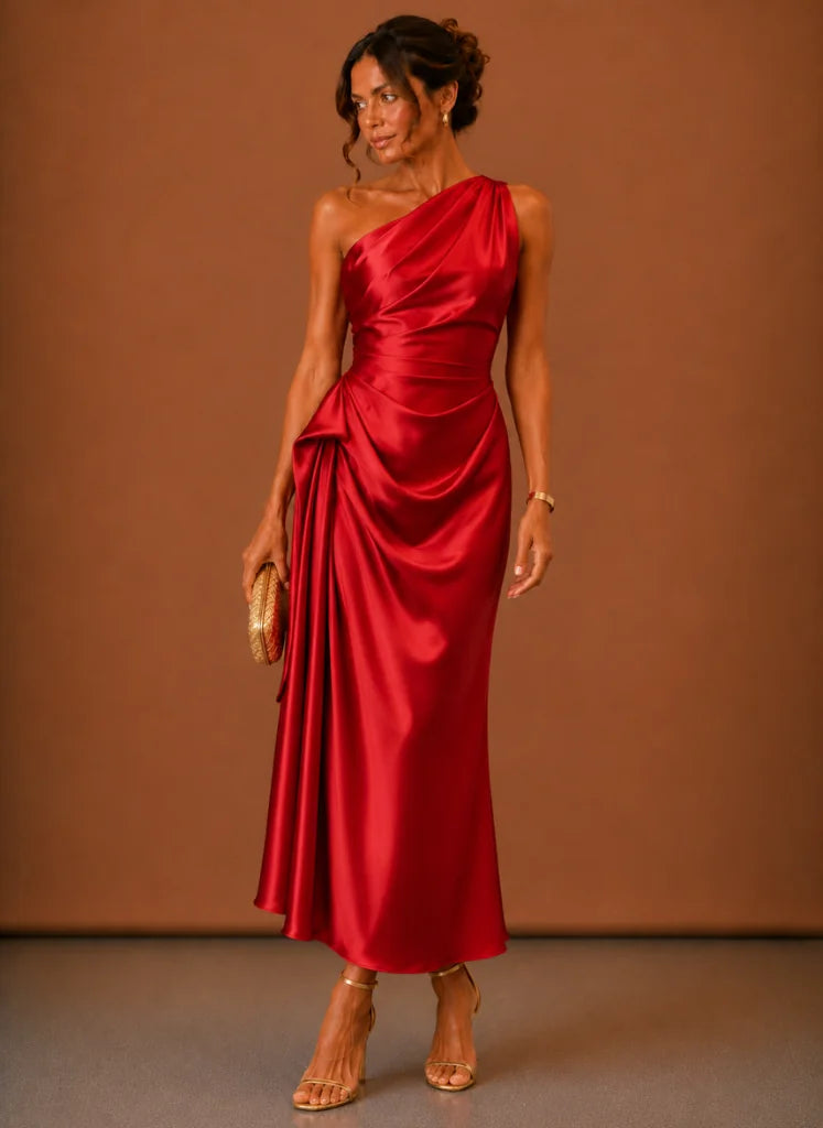 Satijnen One-Shoulder Midi-Jurk Dames in Rood, productfoto