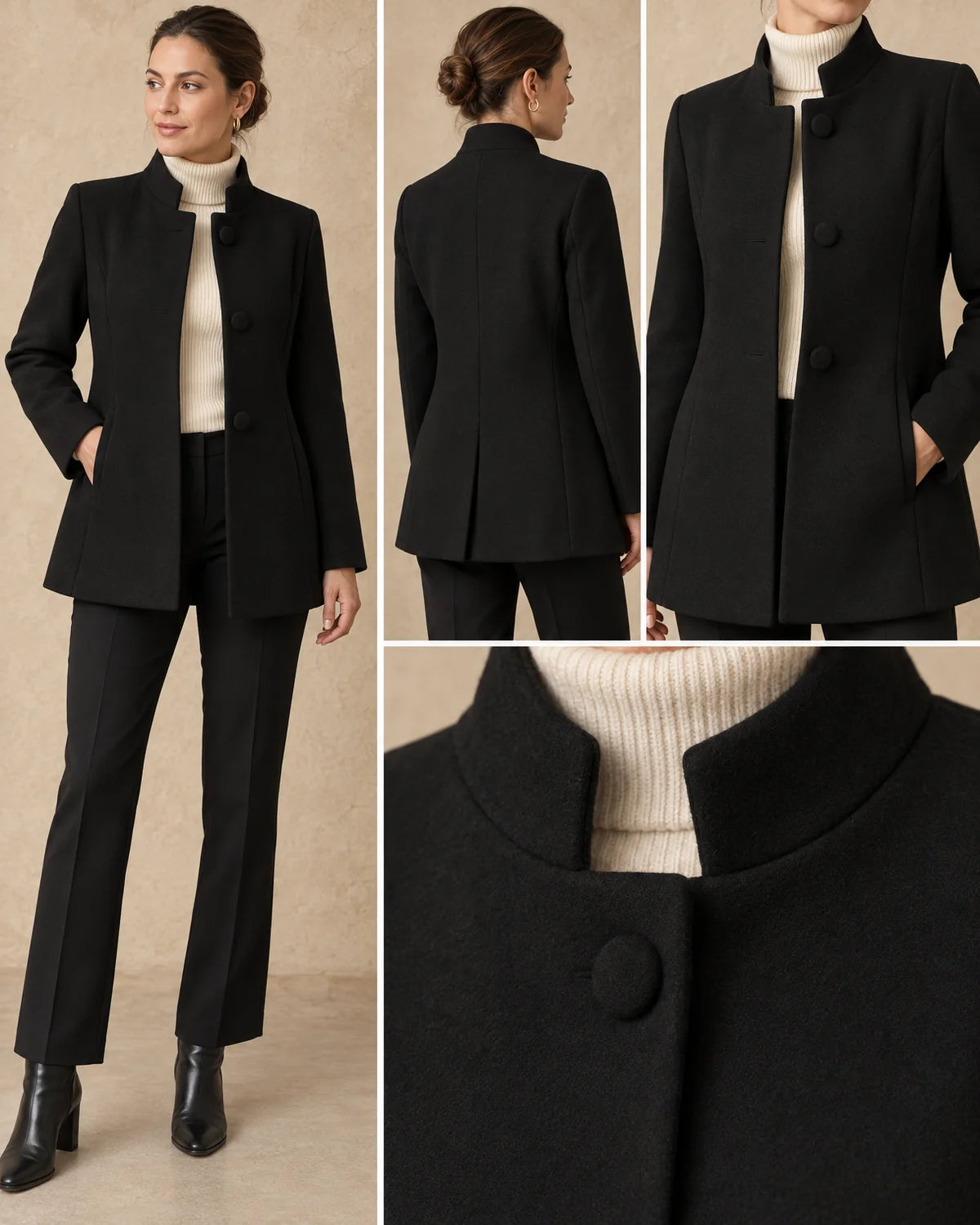 Getailleerde Winterjas Dames met Staande Kraag in Zwart, gedragen door model, detail