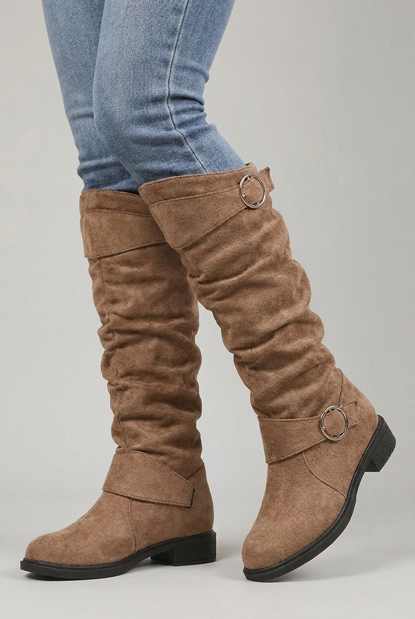 Kniehoge Laarzen Dames met Gesp en Blokhak in Camel, productfoto 10