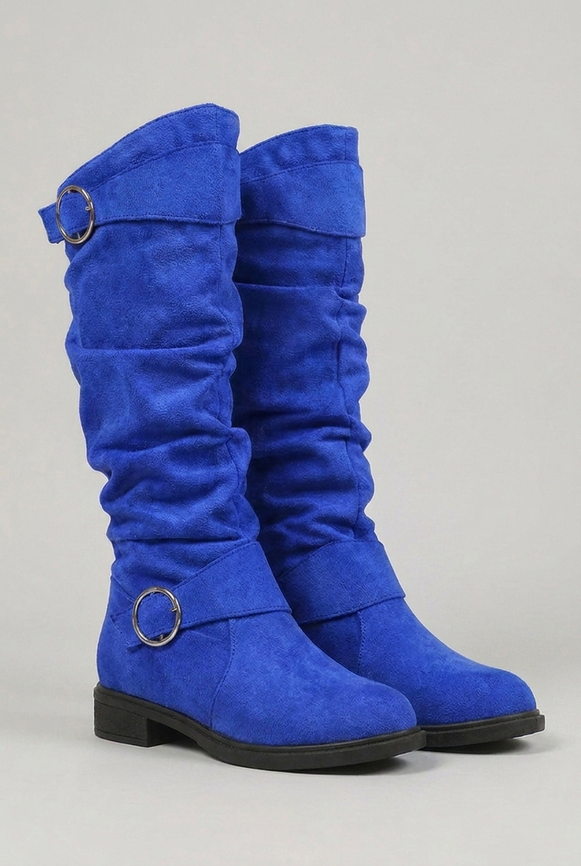 Kniehoge Laarzen Dames met Gesp en Blokhak in Blauw, productfoto 4