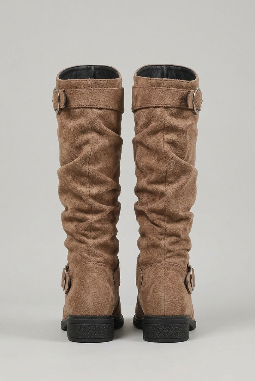 Kniehoge Laarzen Dames met Gesp en Blokhak in Camel, productfoto 8
