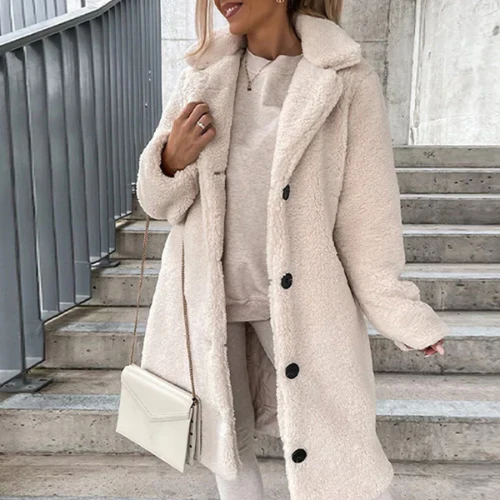 Lange Winterjas Dames Teddy Oversized in Wit, productfoto 2