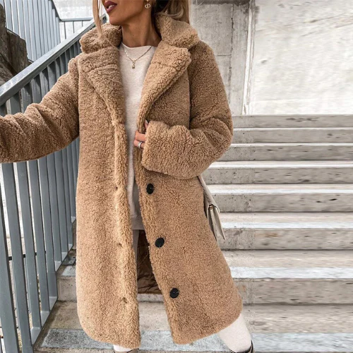 Lange Winterjas Dames Teddy Oversized in Khaki, productfoto 3