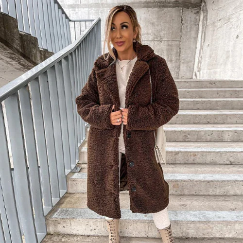 Lange Winterjas Dames Teddy Oversized in Koffiebruin, productfoto 4
