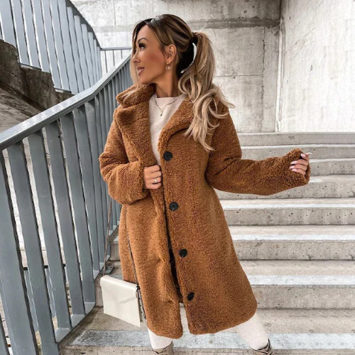 Lange Winterjas Dames Teddy Oversized in Bruin, productfoto 5