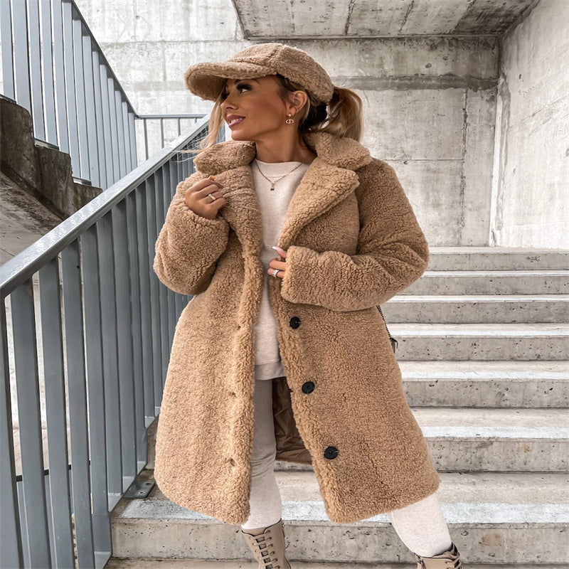 Lange Winterjas Dames Teddy Oversized in Khaki, productfoto 7