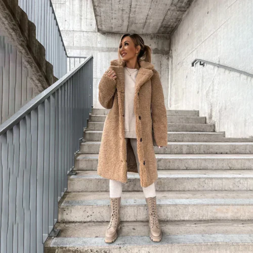 Lange Winterjas Dames Teddy Oversized in Khaki, productfoto 8