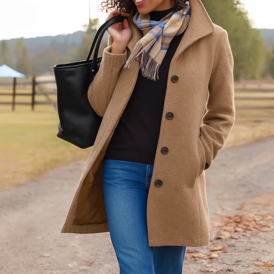 Lange Winterjas Dames Gewatteerd met Wollook in Khaki, productfoto 2
