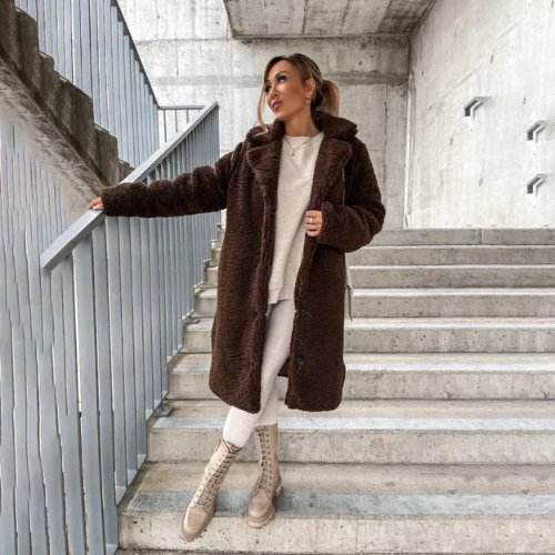 Lange Winterjas Dames Teddy Oversized in Koffiebruin, productfoto 9