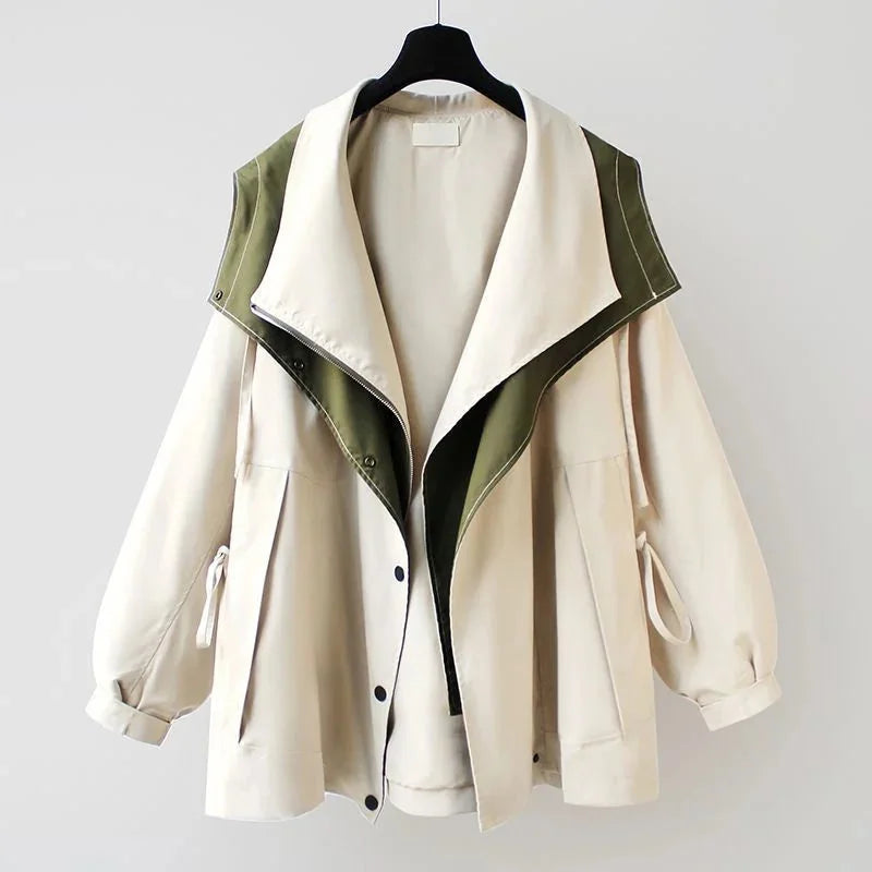 Trenchcoat Dames met Capuchon en Contrastkraag in Abrikoos, productfoto