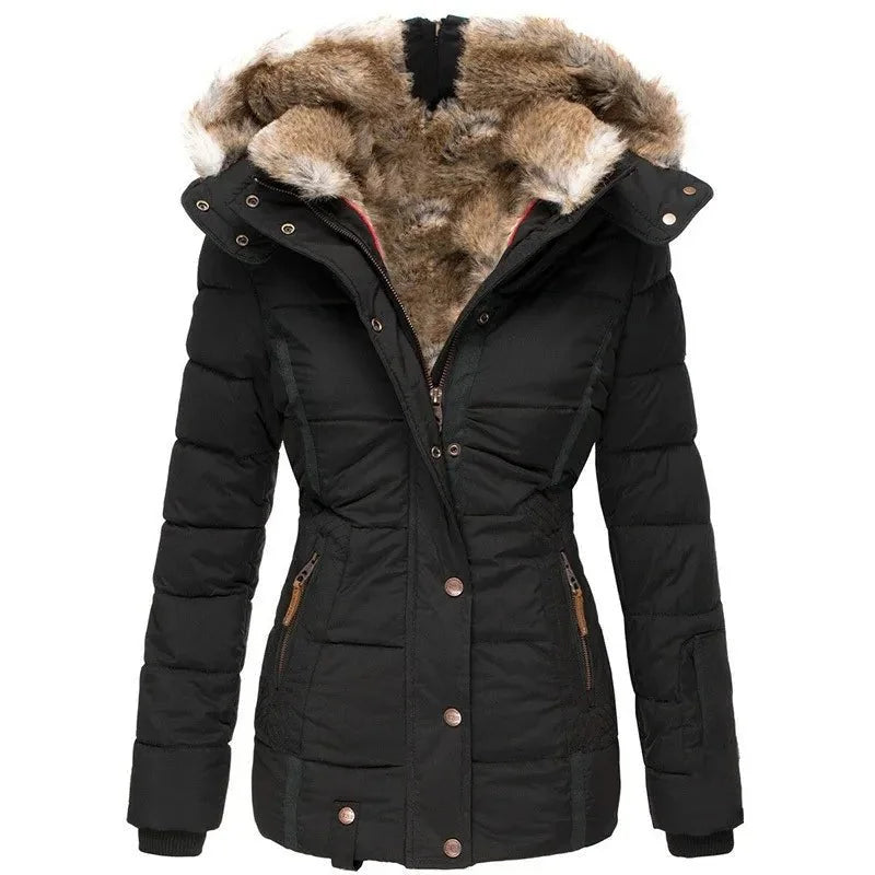 Gevoerde Winterjas Dames met Imitatiebont in Zwart, productfoto