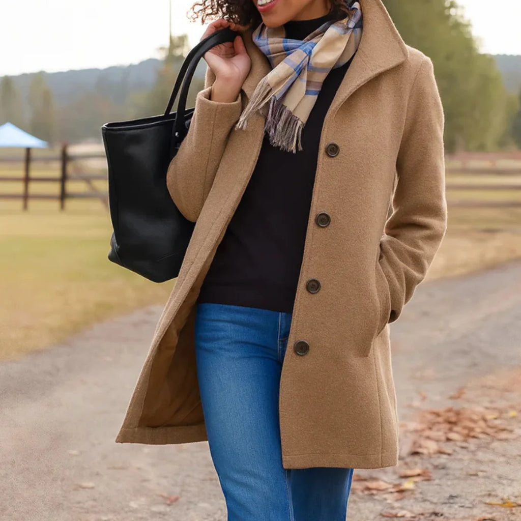 Halflange Winterjas Dames met Knoopsluiting in Kaki, productfoto