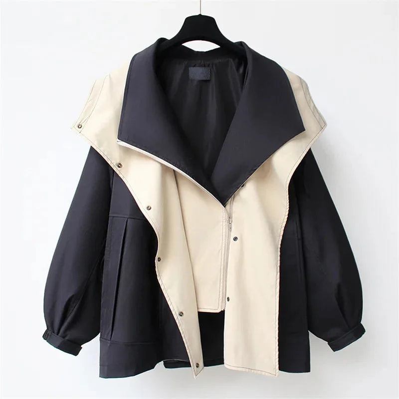 Trenchcoat Dames met Capuchon en Contrastkraag in Zwart, productfoto