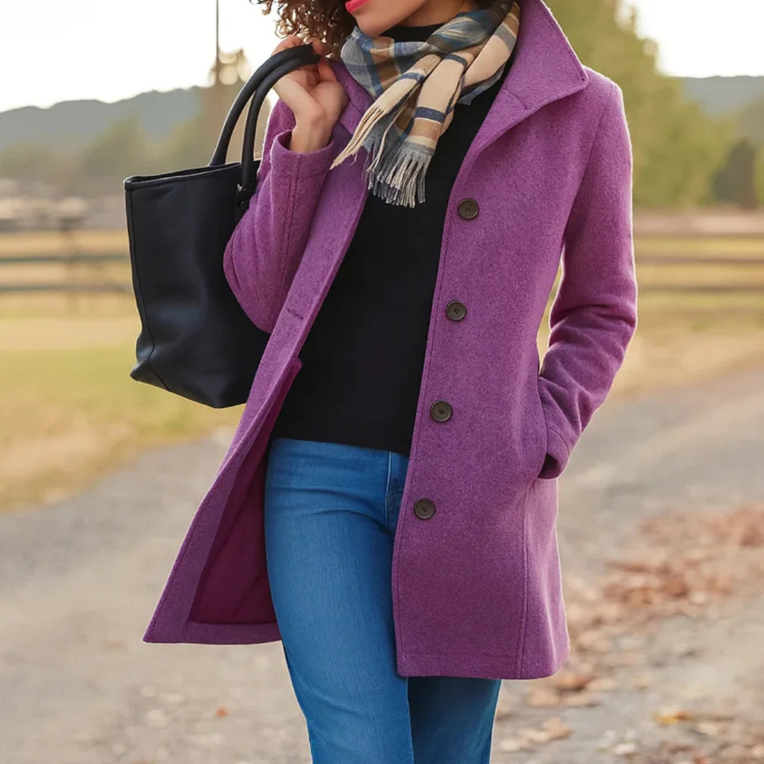 Halflange Winterjas Dames met Knoopsluiting in Paars, productfoto