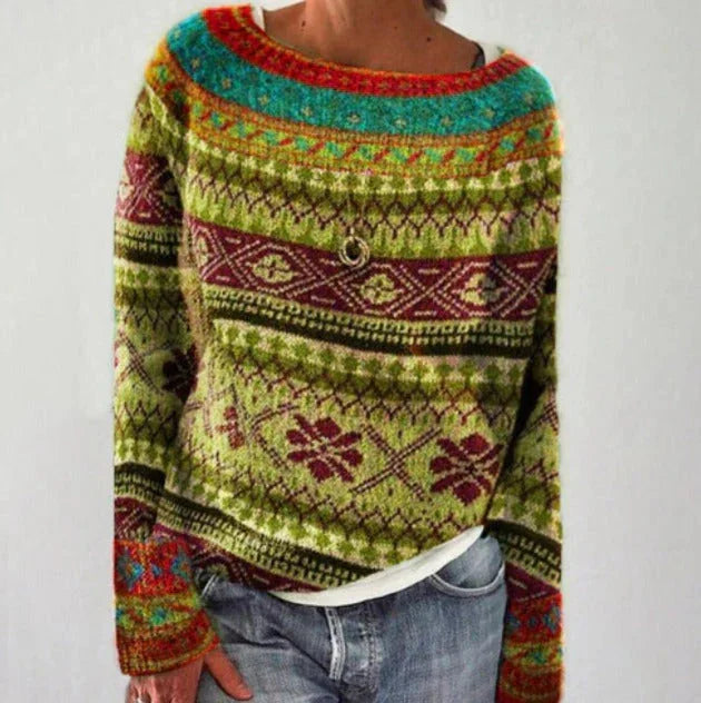 Kersttrui Dames met Noors Patroon in Olijf Multicolor, productfoto