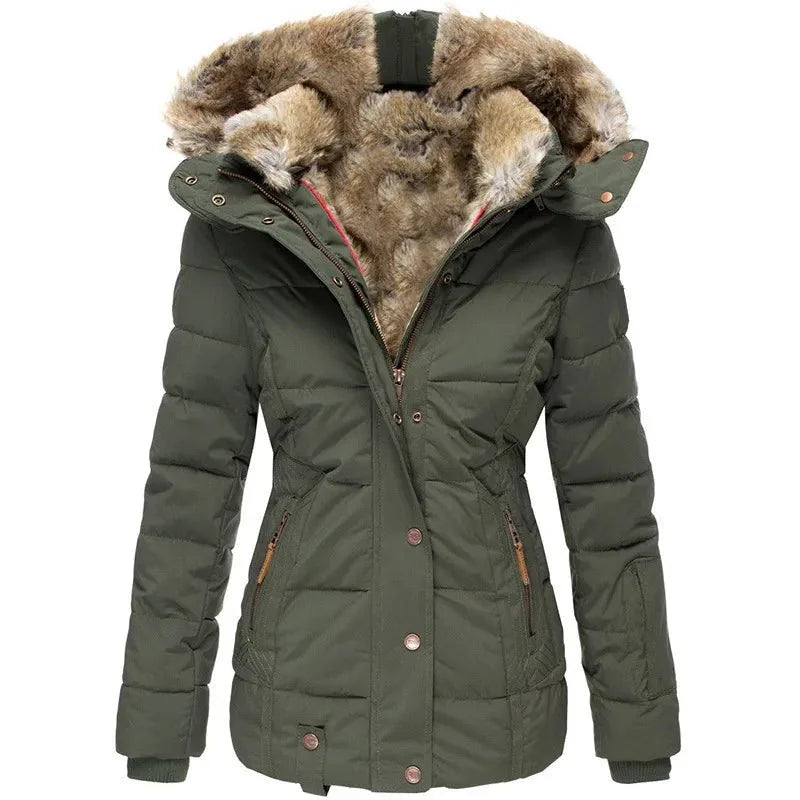 Gevoerde Winterjas Dames met Imitatiebont in Olijfgroen, productfoto