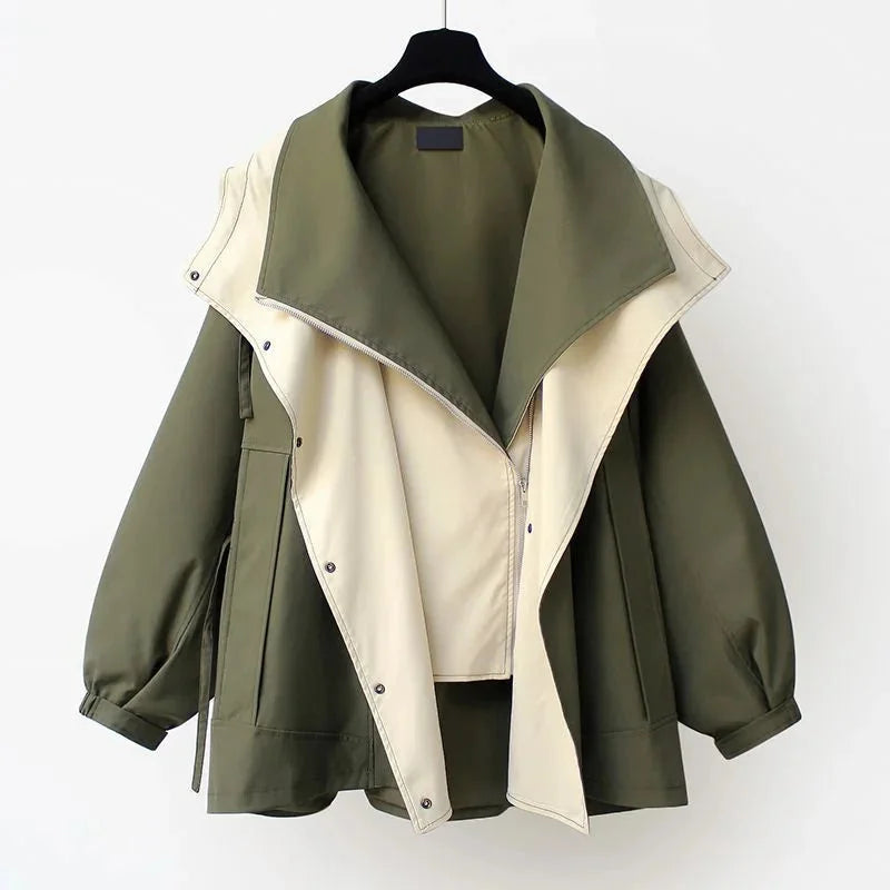 Trenchcoat Dames met Capuchon en Contrastkraag in Groen, productfoto