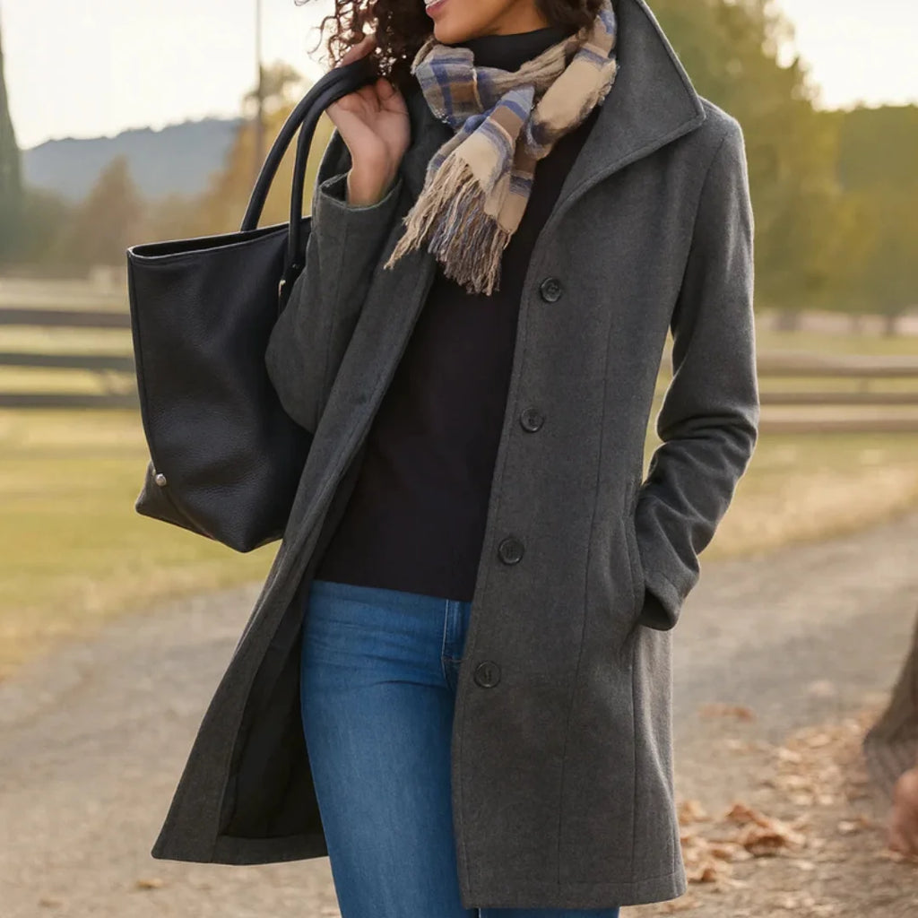 Halflange Winterjas Dames met Knoopsluiting in Grijs, productfoto