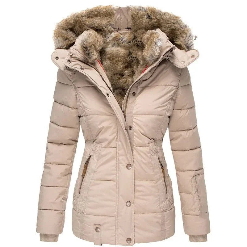 Gevoerde Winterjas Dames met Imitatiebont in Zandbeige, productfoto