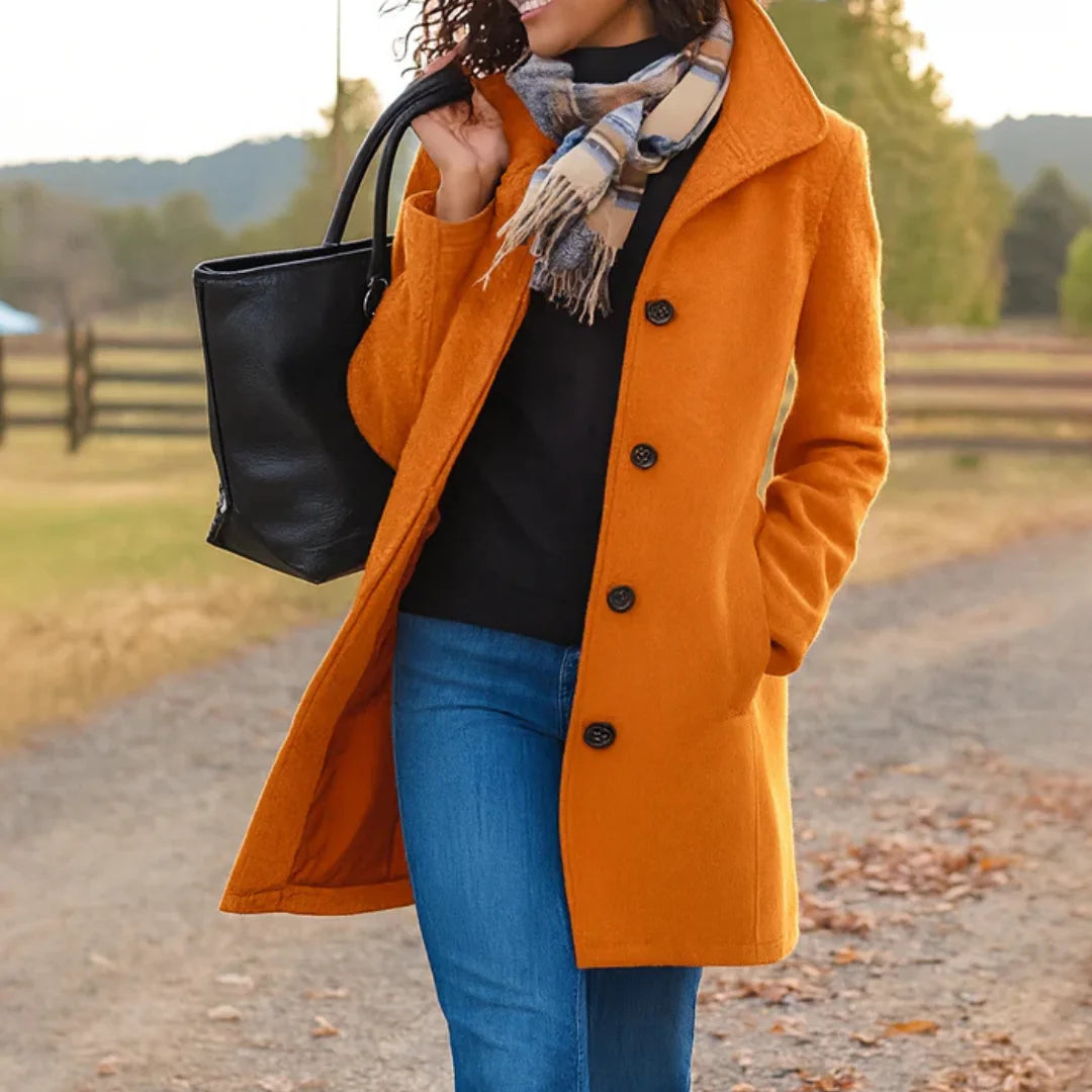 Halflange Winterjas Dames met Knoopsluiting in Oranje, productfoto