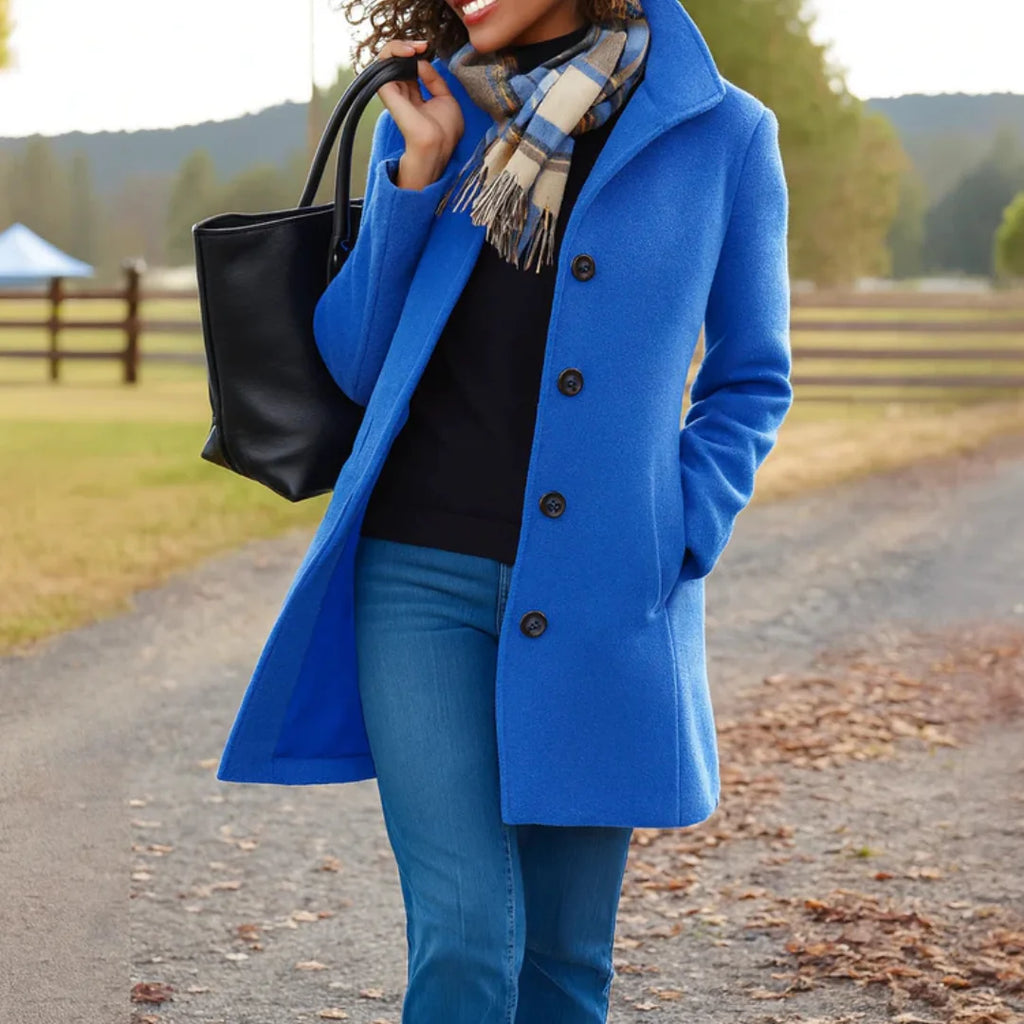 Halflange Winterjas Dames met Knoopsluiting in Blauw, productfoto
