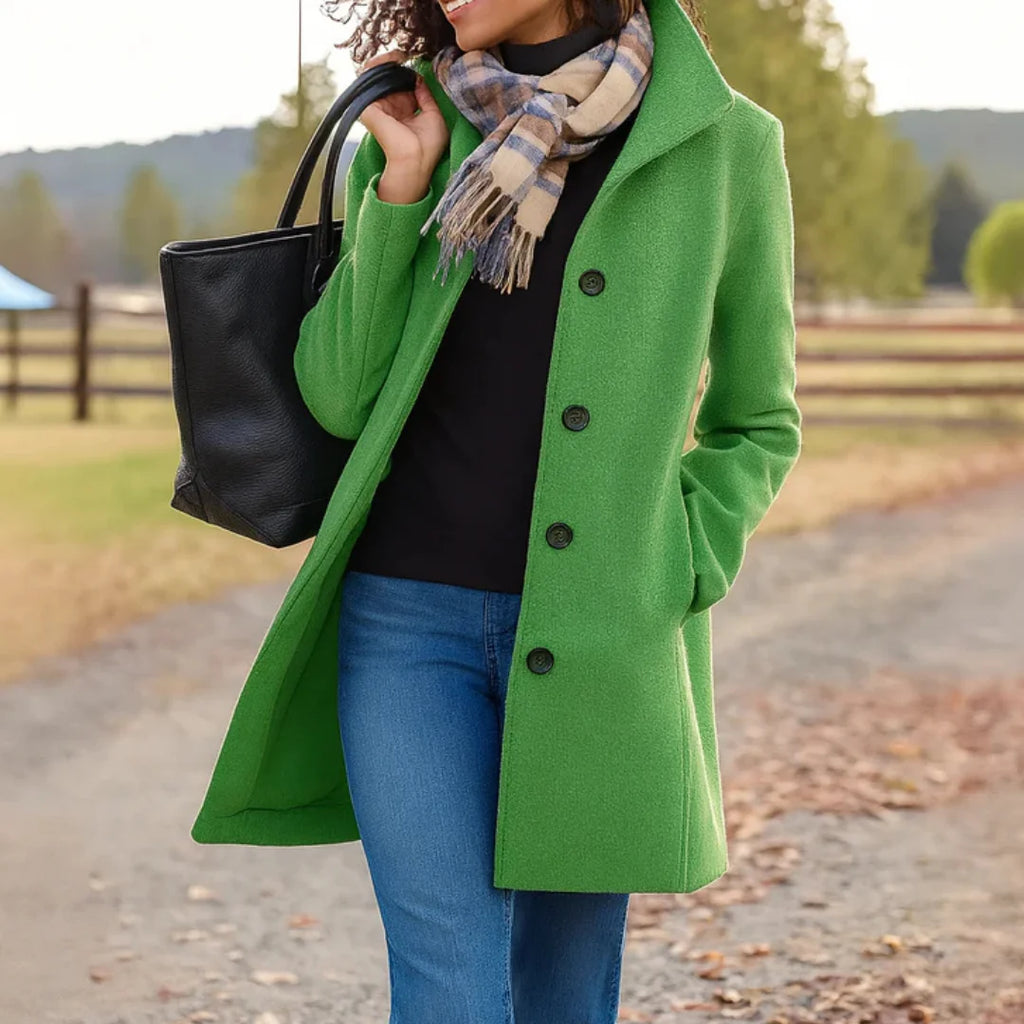 Halflange Winterjas Dames met Knoopsluiting in Groen, productfoto
