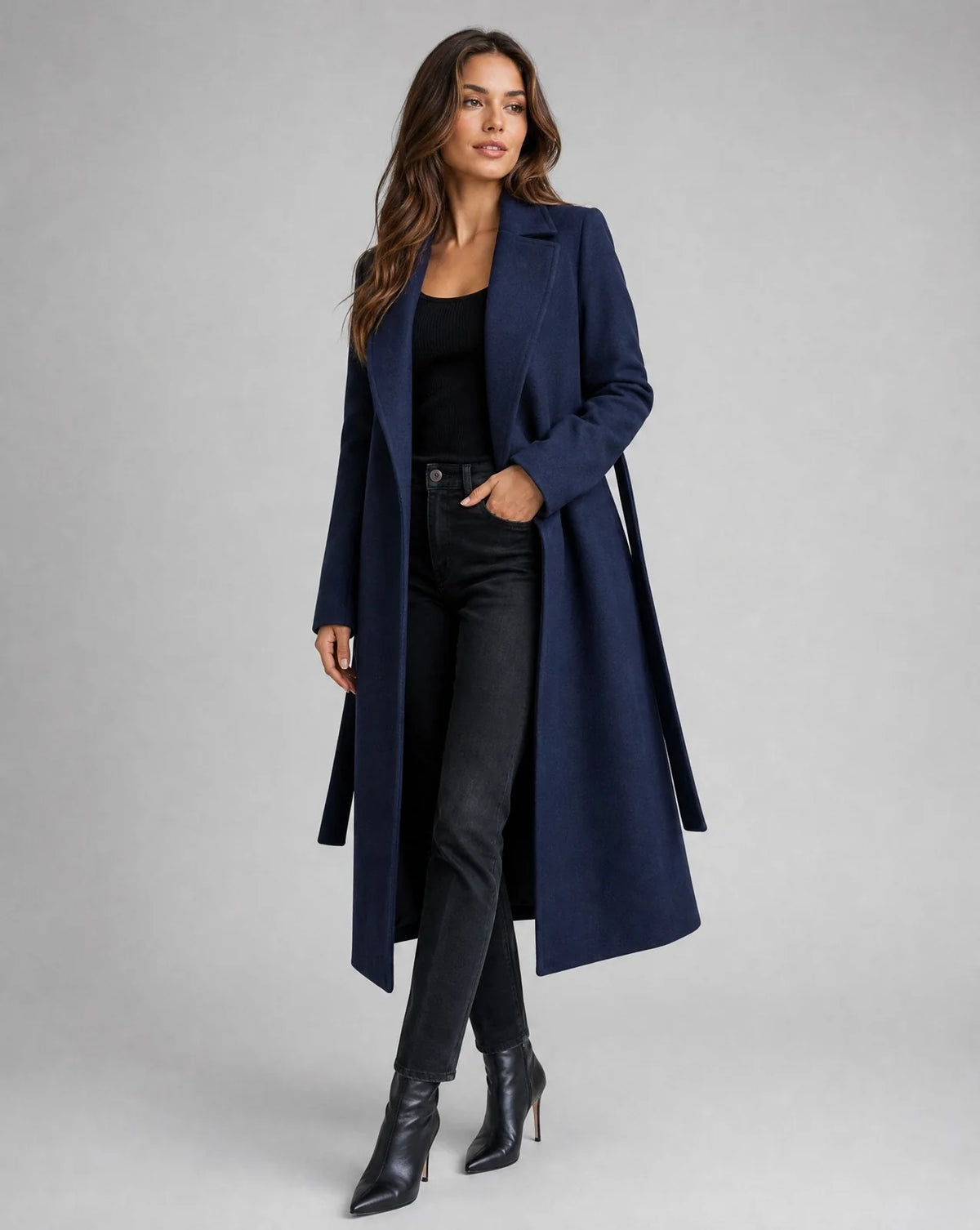 Lange Winterjas Dames met Strikceintuur in Marineblauw, productfoto