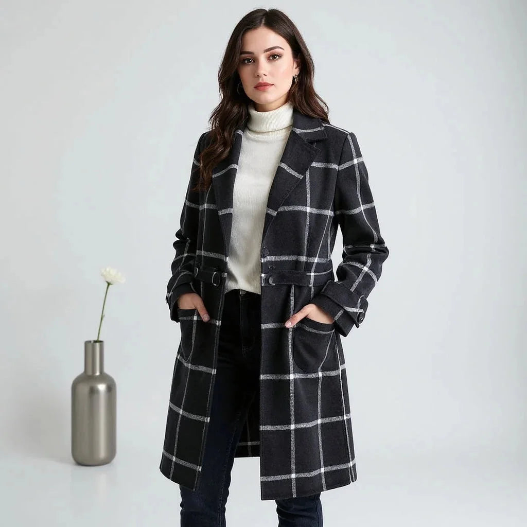 Geruite Wollen Jas Dames met Revers in Zwart-Wit, productfoto